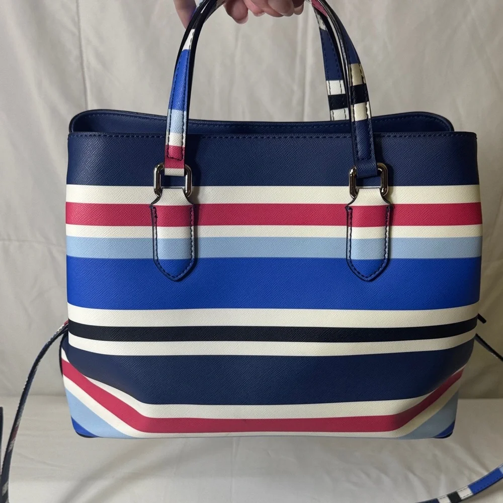 Kate Spade New York Striped Satchel Tote‎ Crossbody Bag Navy Rose White Blue